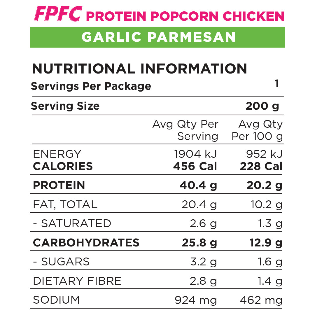 FroPro Protein Popcorn Chicken 200g - garlic parmesan - Nutritional panel