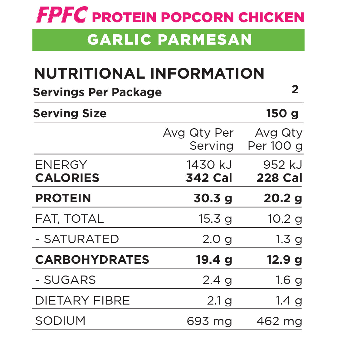 FroPro Protein Popcorn Chicken 300g - Garlic Parmesan - Nutritional panel