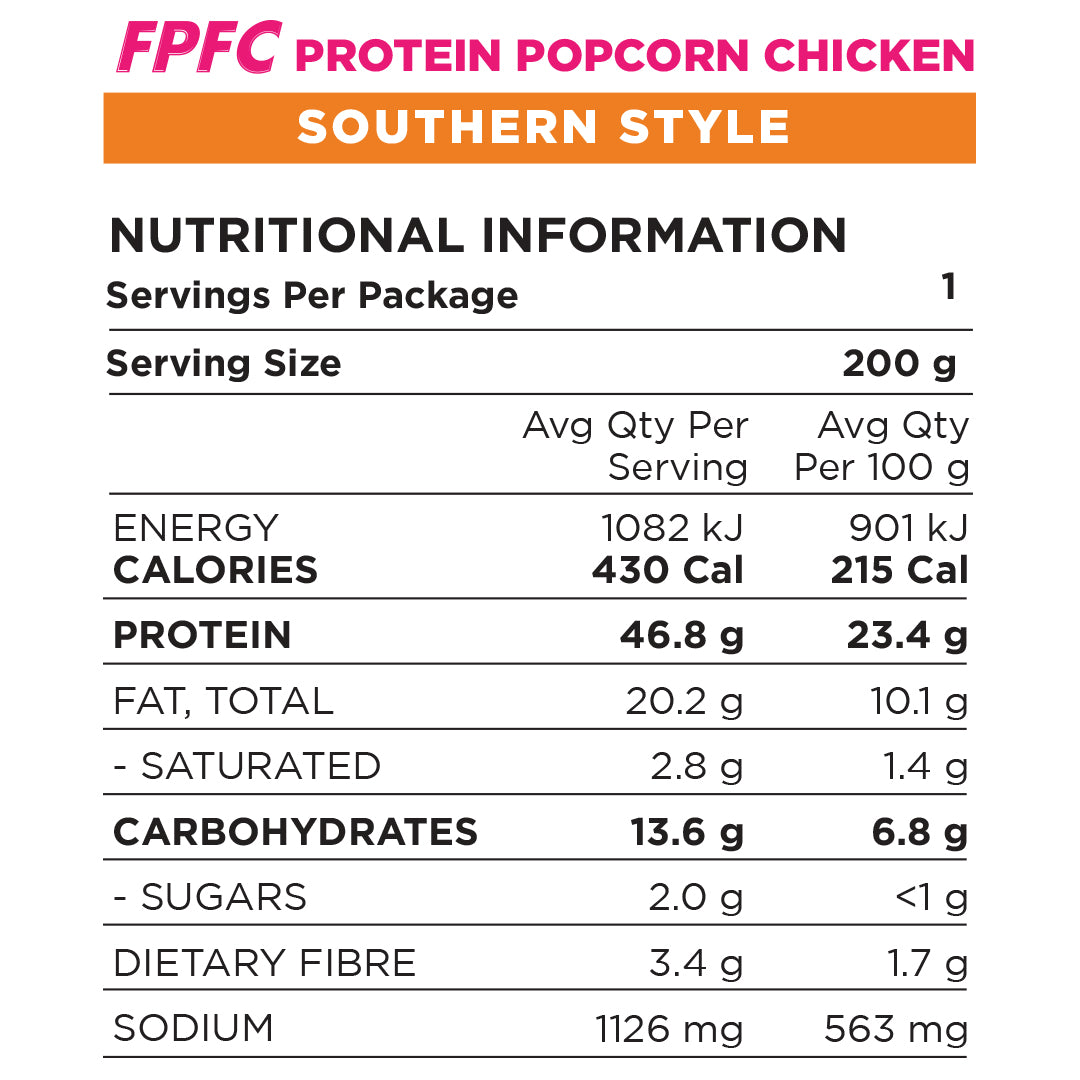 FroPro Protein Popcorn Chicken 200g - southern style - Nutritional panel